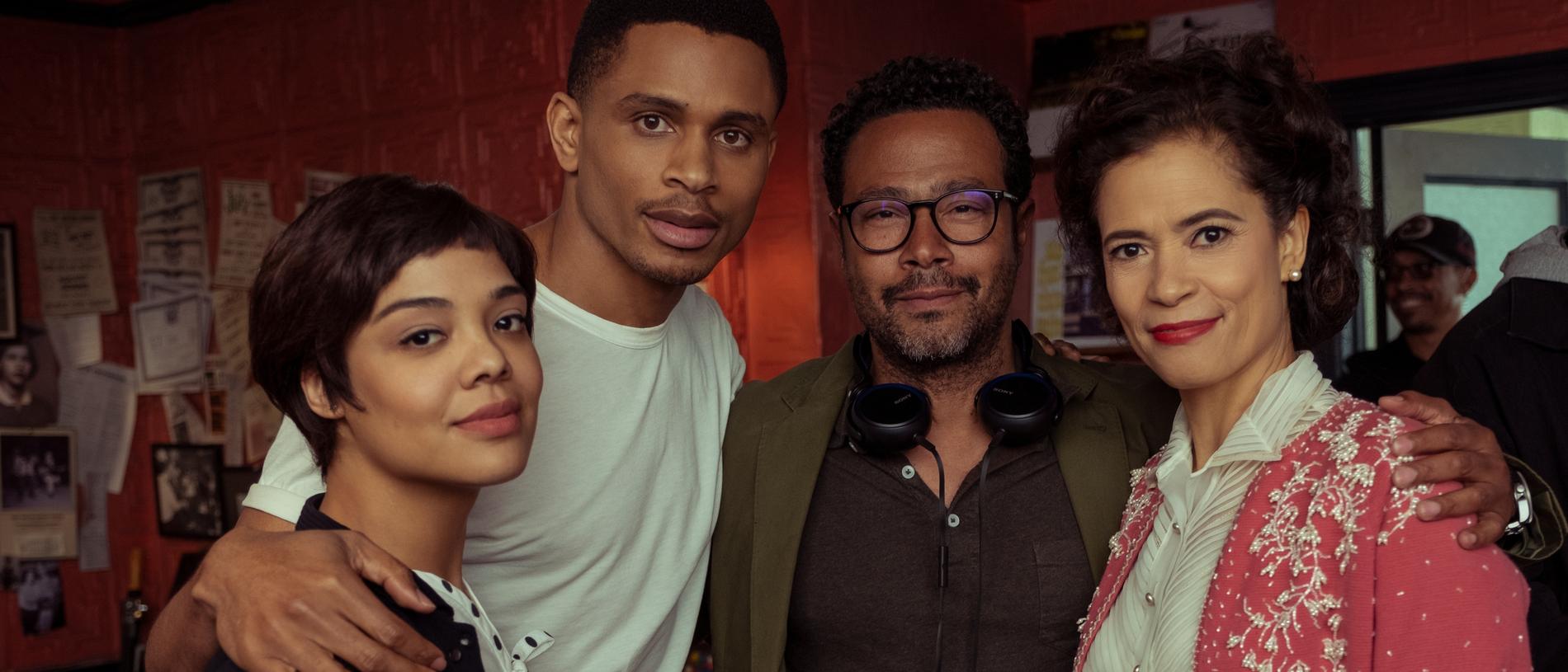 Romance … Tessa Thompson, Nnamdi Asomugha, director Eugene Ashe and Erica Gimipel on the set of Amazon Prime Video movie, Sylvie's Love. Picture: Nicola Goode/Amazon