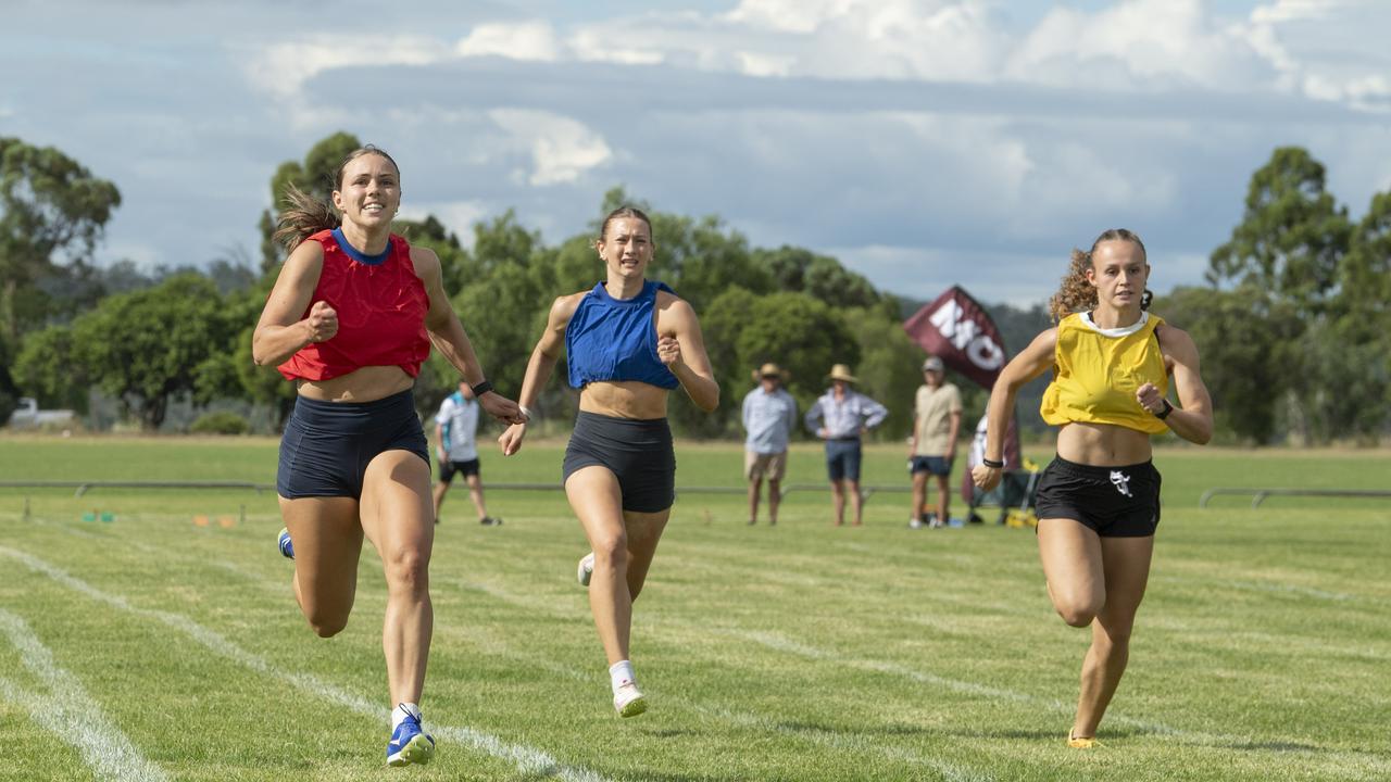 Hayley Reynolds (left) wins the Sunny Queen Women's Gift 75 yards. At the Arthur Postle Gift in Pittsworth. Saturday 18th January, 2025. Picture: Nev Madsen.