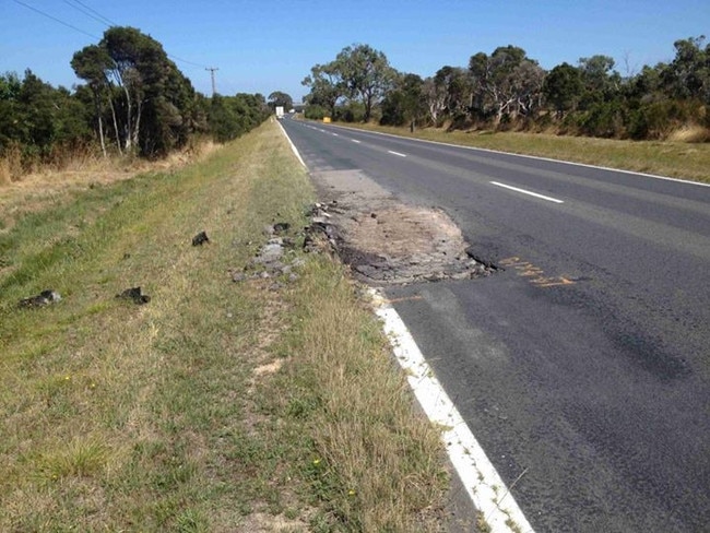 RACV's Pothole Patrol found this giant pothole and failure on the South Gippsland Highway, about 20 kilometres west of Yarram. It is a hazard for drivers and riders. Picture RACV Pothole Patrol.