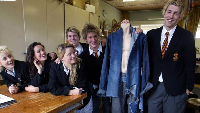 Collingwood footballer and VCE designer Travis Cloke at Yarra Valley Grammar in 2004 with an outfit he designed for Oaks Day.