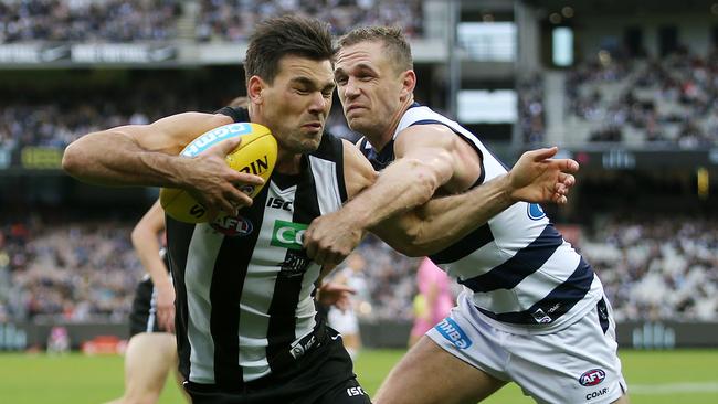 Collingwood’s Levi Greenwood had nearly as many disposals as Joel Selwood. Picture: Michael Klein