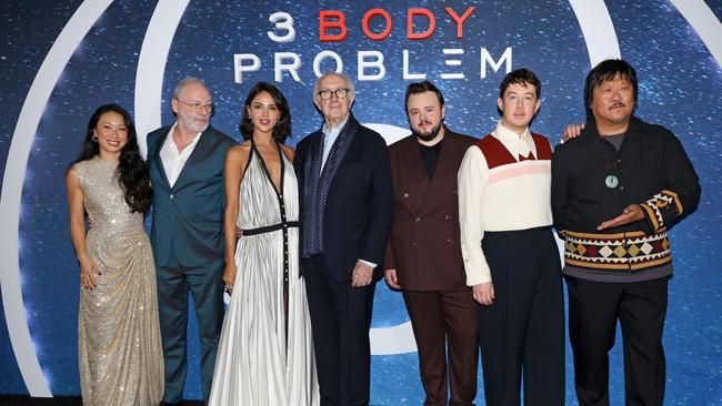 Jess Hong, Liam Cunningham, Eiza González, Sir Jonathan Pryce, John Bradley, Alex Sharp and Benedict Wong at the <i>3 Body Problem</i> premiere in London. Picture: Lia Toby/Getty Images
