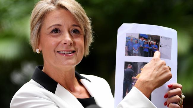 Labor Senator Kristina Keneally claims a pre-poll volunteer has been switching between LNP and United Australia shirts, during a media conference at the Cairns Hospital. PICTURE: AAP IMAGE/LUKAS KOCH