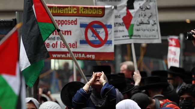 Pro-Palestinian protesters demonstrate against the war in Gaza at Hunter College in New York on Monday. Picture: AFP