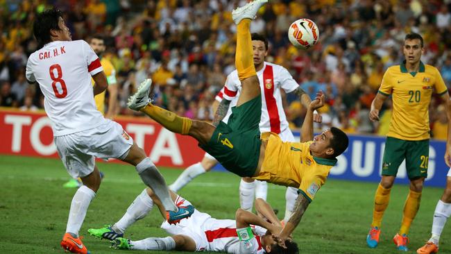 Tim Cahill of Australia celebrates a goal during the AFC Asian Cup Quarter-Final between the Socceroos and China played at Suncorp Stadium. Pic Darren England.
