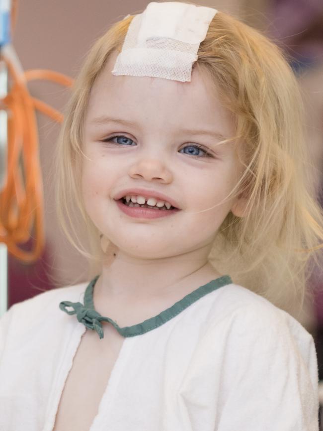 Audrey, 2, recovers from brain surgery at the Royal Children’s Hospital. Picture: Jason Edwards