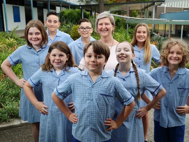 Middle Park State School Principal Anne Kitchin with students Ruth, Alex, Isabel, Dom, Miles, Poppy, Lila, and Oliver. Photographer: Liam Kidston.