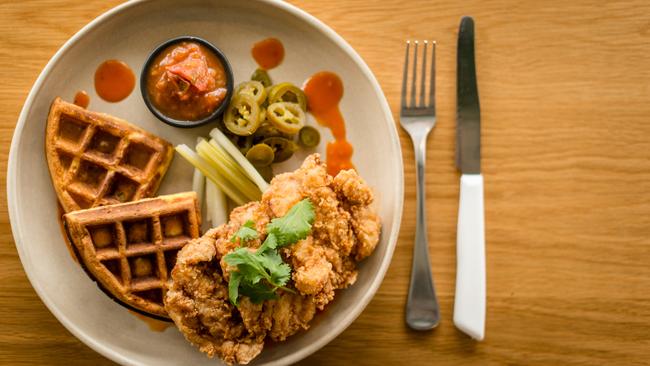 Southern fried chicken and waffles at Lorna Cafe at 1053 Burwood Hwy in Ferntree Gully. Picture: Eugene Hyland