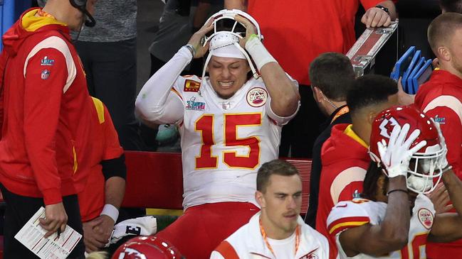 Patrick Mahomes’ Super Bowl was nearly ended by some slippery turf. (Photo by Rob Carr/Getty Images)