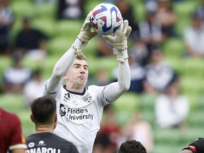Joe Gauci climbs high to save. Picture: Daniel Pockett/Getty Images