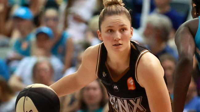 MELBOURNE, AUSTRALIA - MARCH 10: Amy Atwell of the Lynx handles the ball during game one of the WNBL grand final series between Southside Flyers and Perth Lynx at Melbourne Sports Centre Parkville, on March 10, 2024, in Melbourne, Australia. (Photo by Kelly Defina/Getty Images)