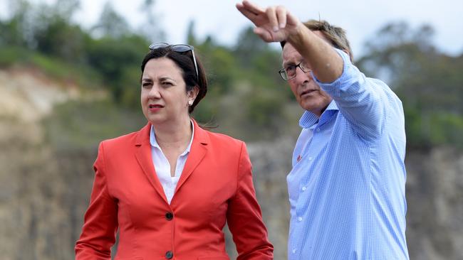 Trevor Watt’s launch is over that way — Annastacia Palaszczuk and Toowoomba North Labor candidate Kerry Shine inspect the site of proposed new gardens. Picture: AAP Image/Tracey Nearmy