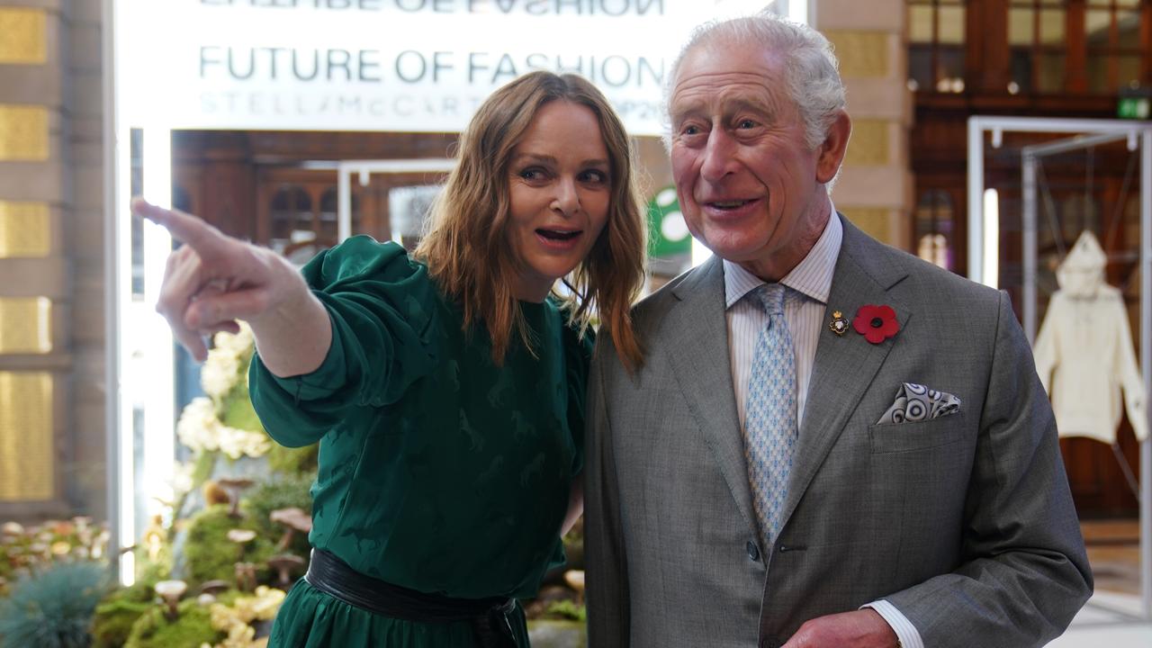 Prince Charles speaks to designer and sustainability advocate Stella McCartney. Picture: Owen Humphreys-WPA Pool/Getty Images.