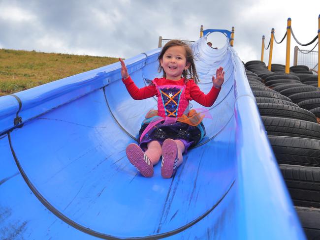 Annabelle Race, 3, of Cygnet, shoots down the slide at the Parliament St Park playground in Sandy Bay.