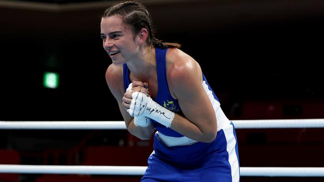 Skye Nicolson of Australia reacts after the Women's Feather (54-57kg) on day three of the Tokyo 2020 Olympic Games at Kokugikan Arena on July 26, 2021 in Tokyo, Japan. (Photo by Buda Mendes/Getty Images)