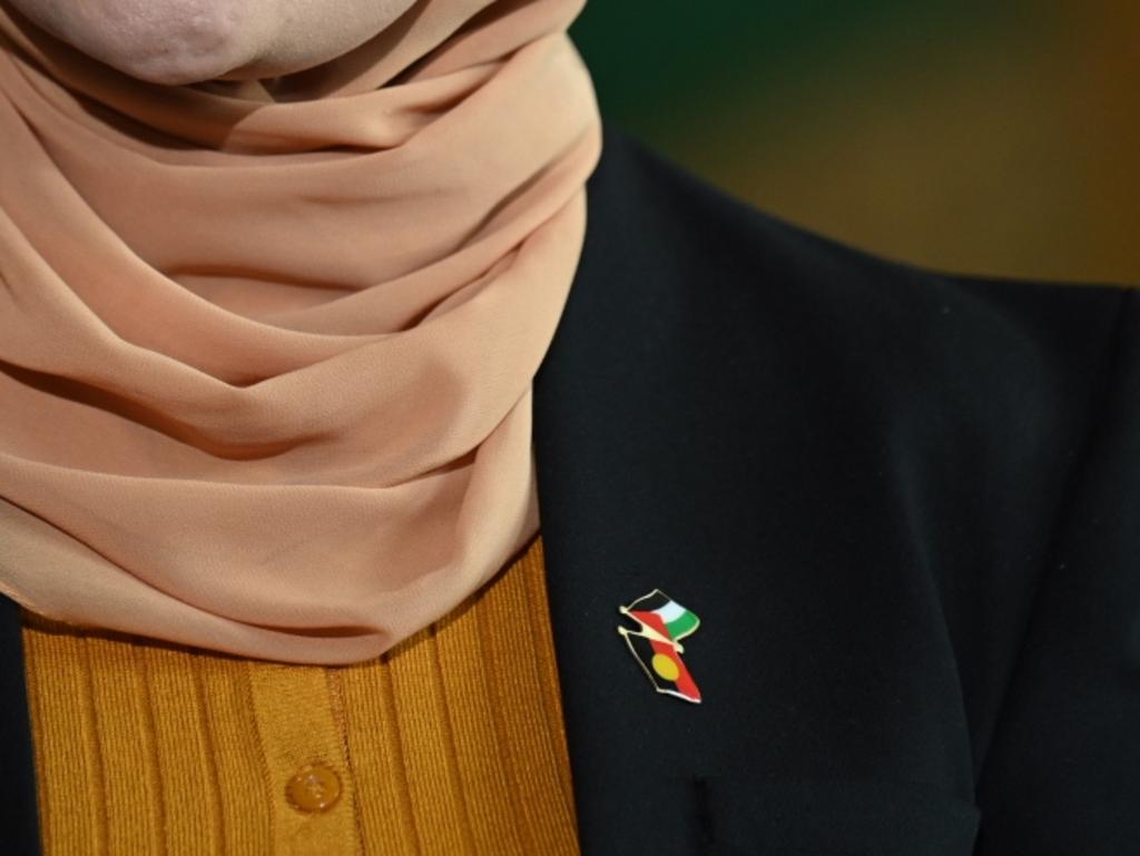 Senator Fatima Payman wore a pin combining the Aboriginal and Palestinian flags when she announced her resignation on Thursday. Picture: NewsWire/ Martin Ollman
