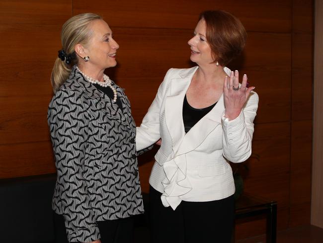 Fighting ISIS ... Julia Gillard said that electing Ms Clinton as US president would send a powerful message to terrorist group ISIS that mistreating women is wrong. Picture: News Corp