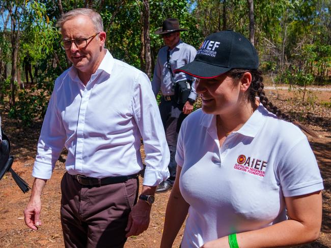 Australian Indigenous Education Foundation graduate Kodie Mason (right) with Anthony Albanese at the 2023 Garma festival. Photo: Supplied