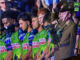 Raiders forward Corey Horsburgh has apologised for blowing a bubble during the pre-game ceremony in Penrith. Picture: Fox League