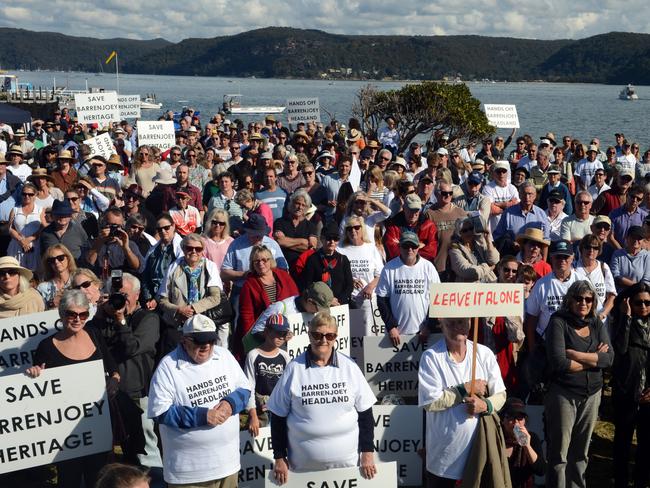 Hundreds of Pittwater locals at a community protest against proposed changes to the Barrenjoey Lighthouse precinct at Palm Beach. Picture: Simon Cocksedge