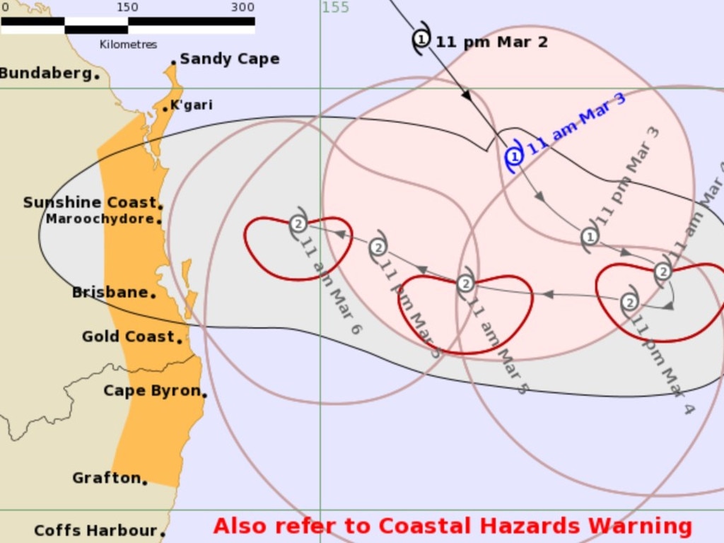 A cyclone watch was issued in NSW for the first time since 1990 as Cyclone Alfred could reach Brisbane by Thursday. Picture: Bureau of Meteorology.