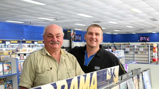 VIDEO DRAMA:  Local investor Peter Fife (LEFT) along with store manager David Kendall (RIGHT) have saved Gympie's beloved video store from closure. Picture: Rowan Schindler