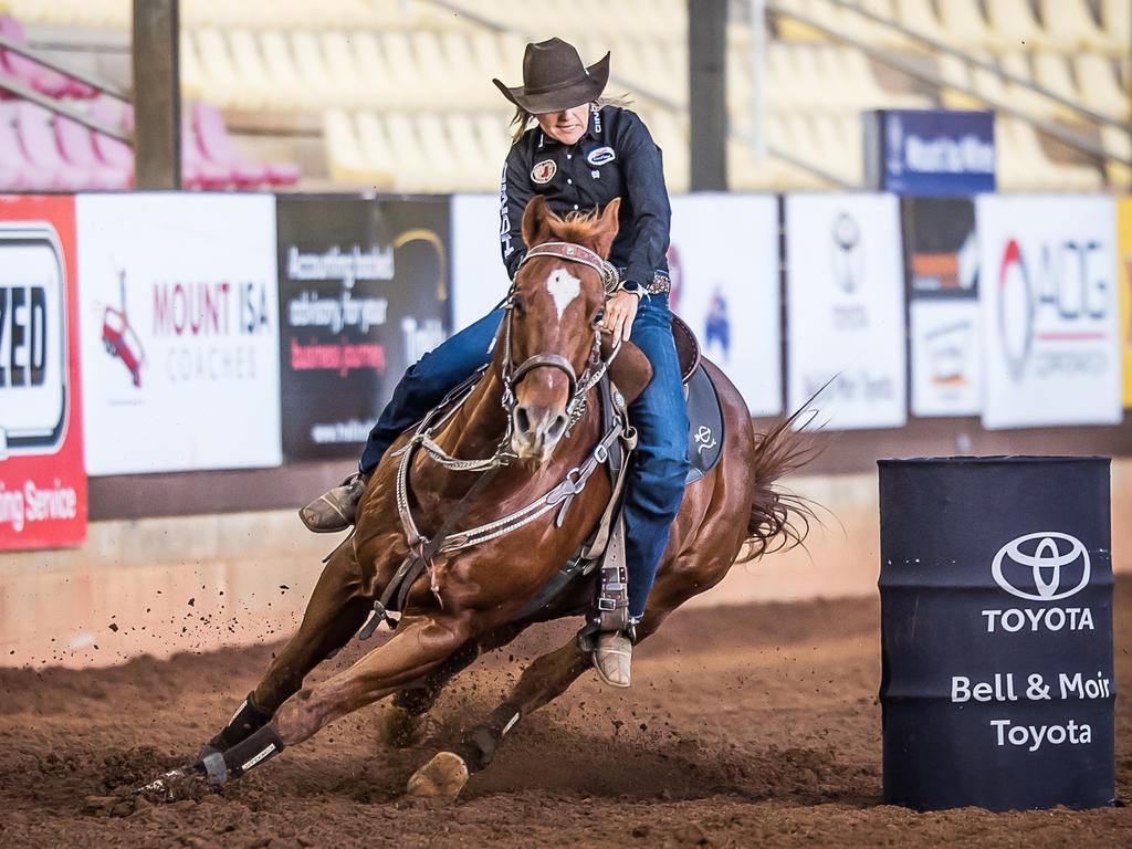 Emerald’s Leanne Caban is leading the field in the barrel race.