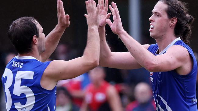 EFL 2022: Montrose v East Ringwood at Montrose Rec. Reserve Montrose, Melbourne. April 2nd 2022.  Hannin Mundy (right) of East Ringwood celebrates his goal.Picture : George Sal