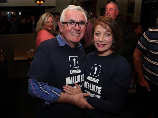 Independent member for Clark, Andrew Wilkie celebrates his win with fiance Doctor Clare Ballingall at the Tasmanian Inn in Hobart. Picture: NIKKI DAVIS-JONES