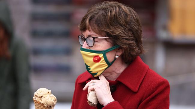 Senator Susan Collins (R-ME) walks towards her bus after making a campaign stop at Big Daddy’s North Ice Cream in Hollis, Maine. Picture: AFP