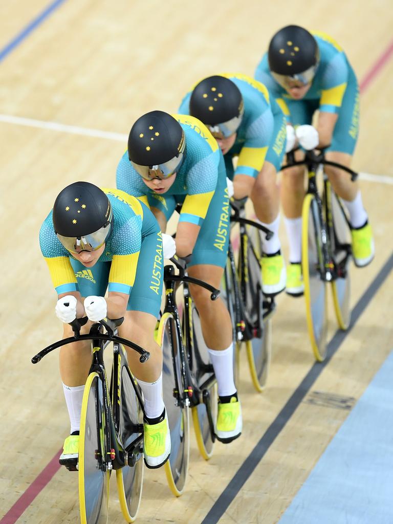 Annette Edmondson, Amy Cure, Melissa Hoskins and Georgia Baker in the women’s team persuit at the velodrome.