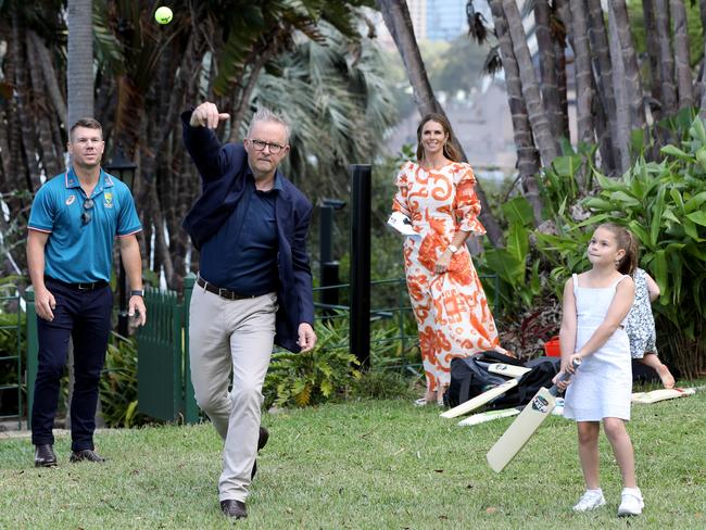 Anthony Albanese is joined by David Warner, wife Candice and their daughters for a game of cricket at Kirribilli House in Sydney on Sunday. Picture: Damian Shaw