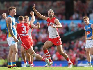 SYDNEY, AUSTRALIA - APRIL 21: Brodie Grundy of the Swans celebrates kicking a goal during the round six AFL match between Sydney Swans and Gold Coast Suns at SCG, on April 21, 2024, in Sydney, Australia. (Photo by Mark Metcalfe/AFL Photos/via Getty Images )