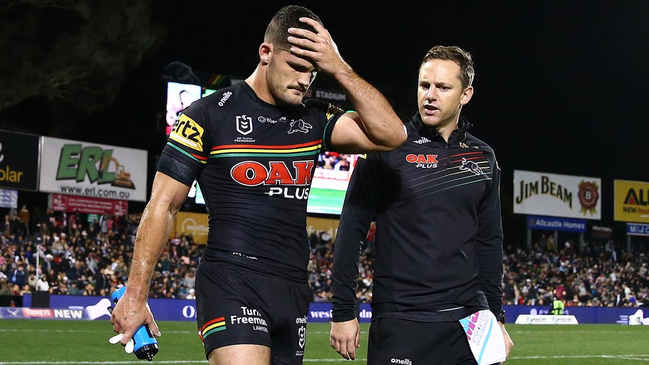 Nathan Cleary comes from the field after suffering a hamstring injury.