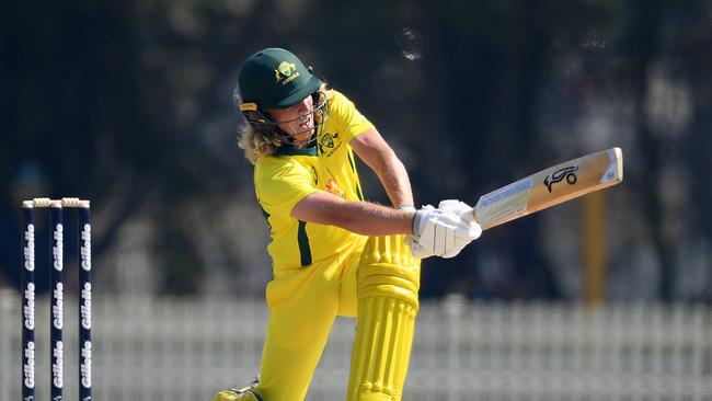 Jake Fraser-McGurk crunches a ball to the fence for the Cricket Australia XI.