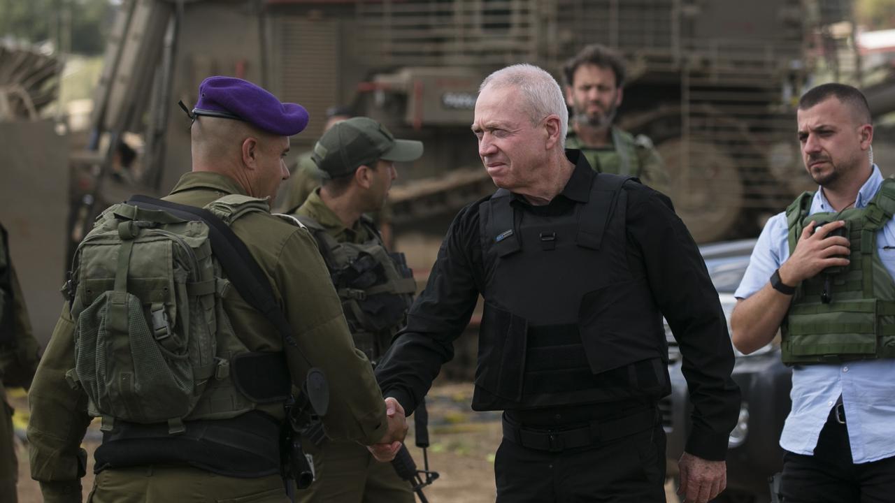 Israeli Minister of Defence Yoav Gallant meets soldiers on the Israeli border with the Gaza Strip. Picture: Getty Images