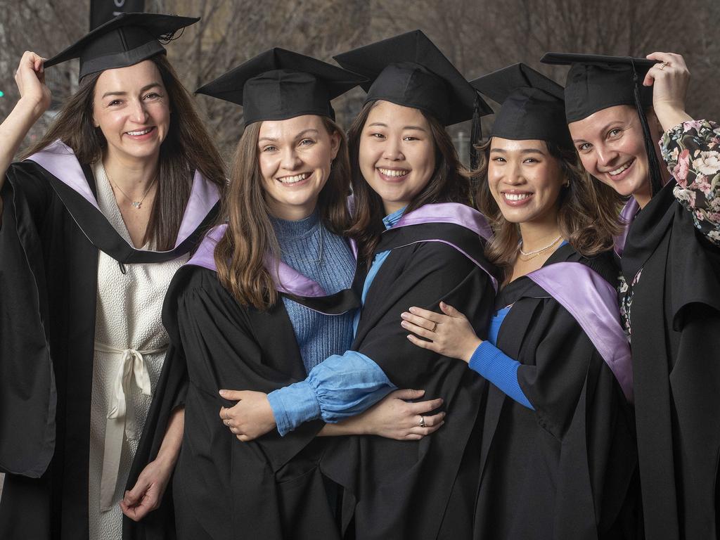 UTAS Graduation at the Hotel Grand Chancellor Hobart, Sarah Purton, Roisin Thomson, Wonny Kim, Vivian Nguyen and Jenny Atkins all of Hobart. Picture: Chris Kidd