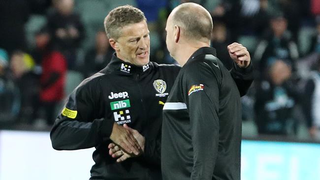 Richmond coach Damien Hardwick and Hinkley after the match. Picture: Sarah Reed