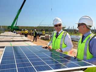 Construction at a Sunshine Coast solar farm at Valdora (Pictured: Sunshine Coast Mayor Mark Jamieson and Steve Robinson). Picture: Greg Gardner Photography