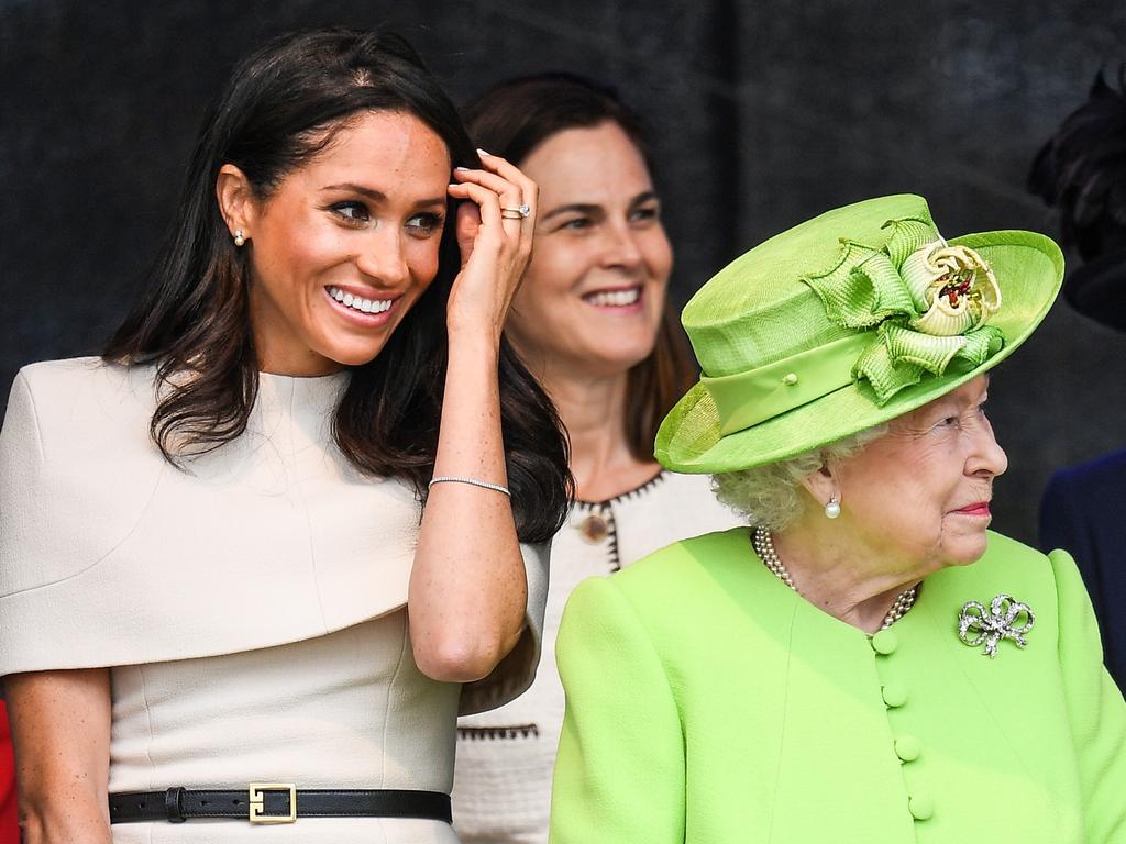 Samantha Cohen (back, centre) with Meghan Markle and the Queen in 2018. Picture: Jeff J Mitchell/Getty Images