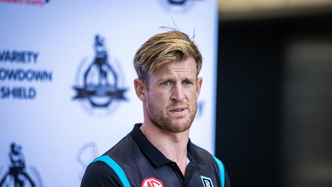 Port Adelaide captain Tom Jonas spoke on stage at the 2023 season launch. Picture: Tom Huntley