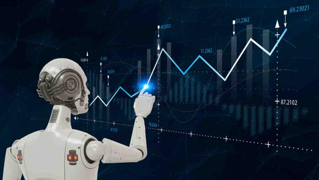 Ai robot is calculating income and return on investment in percentage. Interest rate and dividend concept, income, return, retirement, compensation fund, investment, dividend tax.