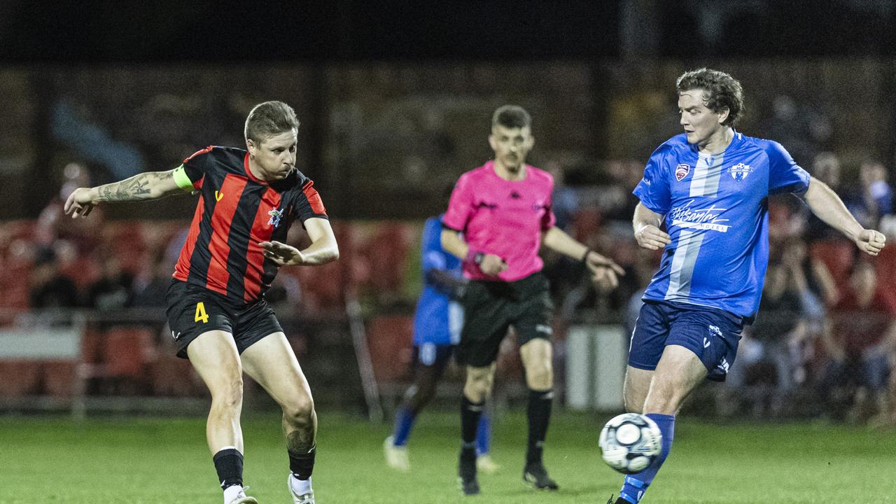 Gatton Redbacks captain Nicholas Edwards strikes against Rockville Rovers in FQPL3 Darling Downs men grand final at Clive Berghofer Stadium, Saturday, August 31, 2024. Picture: Kevin Farmer