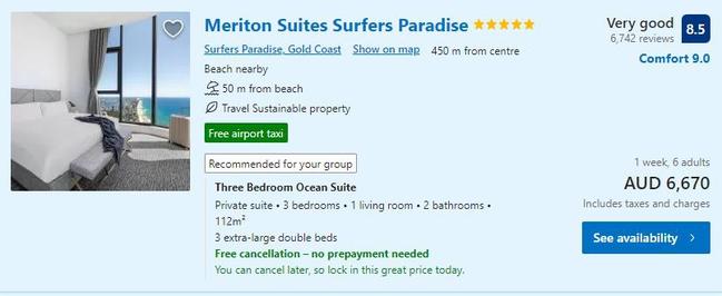 A screen shot of a direct quote for a family booking, for a 3 Bedroom Ocean Suite. at the Meriton Suites in Surfers Paradise.