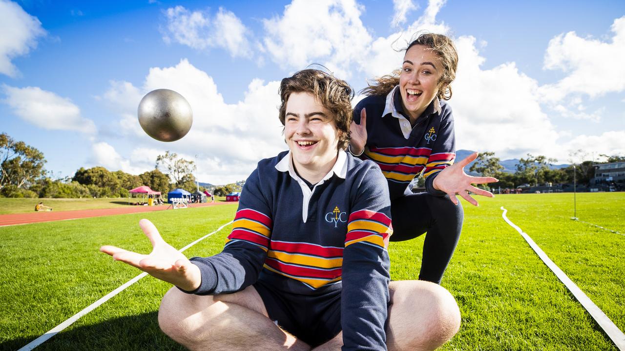 Jackson Mellor, 16, winner of Mens open shot put, with Ava Faint, 17 who also compete in the shot put. SATIS Athletics day at the Domain Athletics Centre, Hobart. Picture: RICHARD JUPE