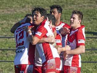 TEAM PERFORMANCE: South Grafton Rebels celebrate a try late in the first half against Sawtell. Picture: Adam Hourigan