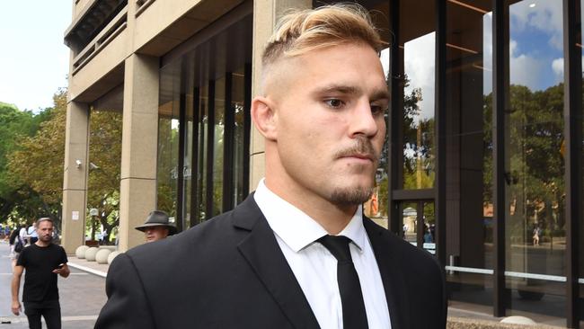 Jack de Belin leaves the NSW Federal Court in Sydney, Monday, April 15, 2019. Jack de Belin is challenging the NRL's no-fault stand down policy after he was charged with sexual assault in December. (AAP Image/Peter Rae) NO ARCHIVING