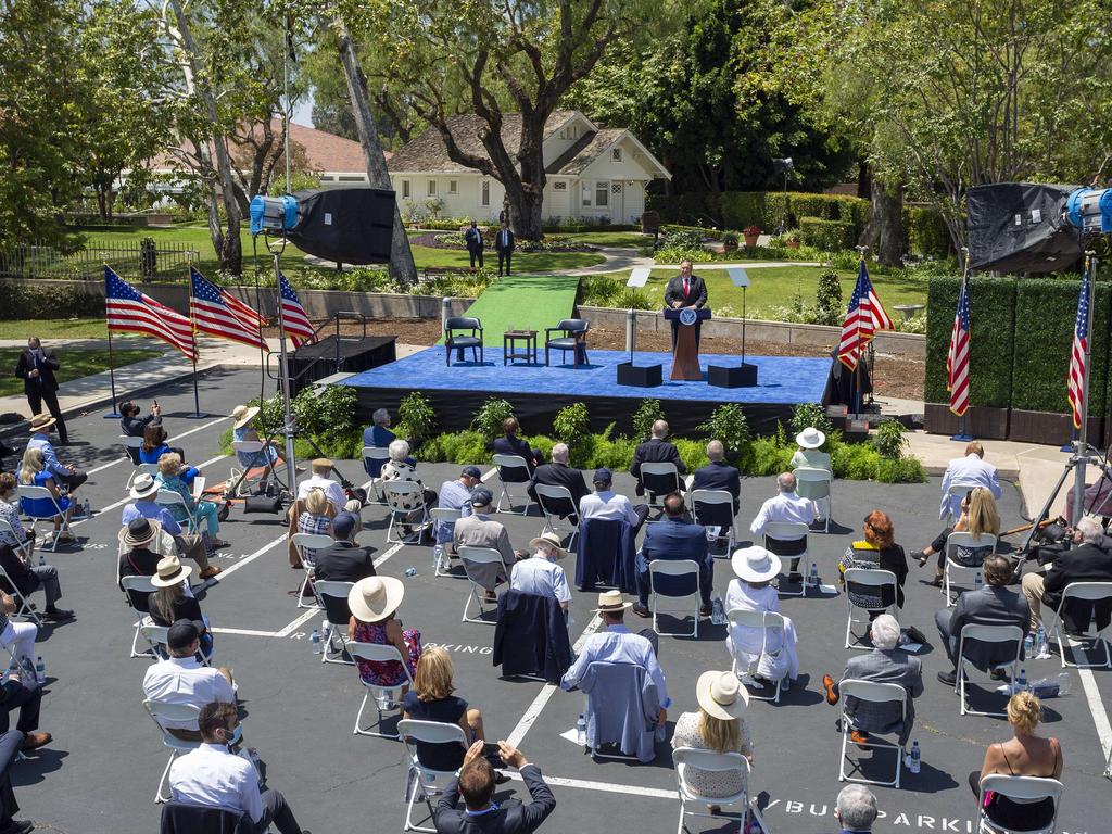 Attendees practice social distancing as Mike Pompeo delivers his speech. Picture: David McNew/Getty Images/AFP