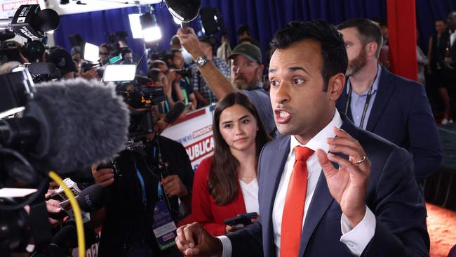 Republican presidential candidate, Vivek Ramaswamy talks to members of the media in the spin room following the first debate of the GOP primary season. Picture: Getty