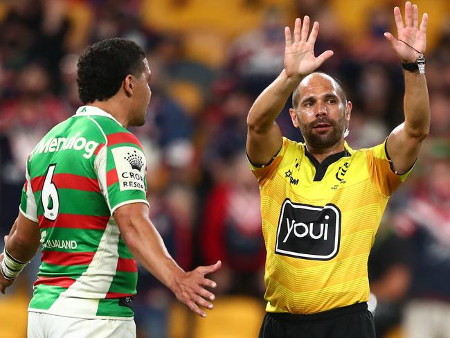 Referee Ashley Klein sends Latrell Mitchell of the Rabbitohs to the sin-bin.